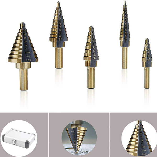 

5pcs/set hss cobalt step drills multiple hole 5 sizes aluminum case titanium cone drill hole cutter core drill bits 2019