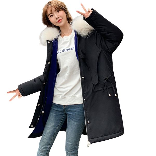 

fashion outerwear long sleeve hooded jackets cotton-padded pockets bandage coats fur collar outerwear female winter coats 10.17, Black
