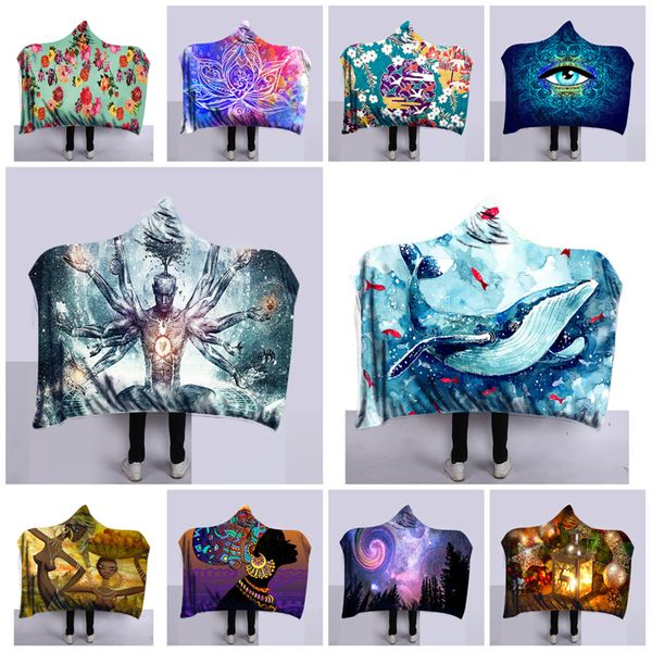 

ten styles of dual-layer hat blanket with 3-d printing soft 130*150 cm cloak comfortable home warm blanket t3i5255