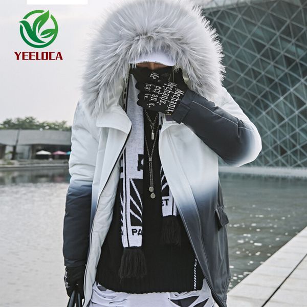 

2019 winter warmth thicken hooded jacket parkas coat color gradient hip hop extra large length windbreaker fur collar, Black
