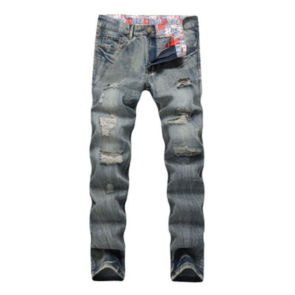

new style men's straight tube slim jeans style light color broken hole men's nostalgic personality denim trousers, Blue