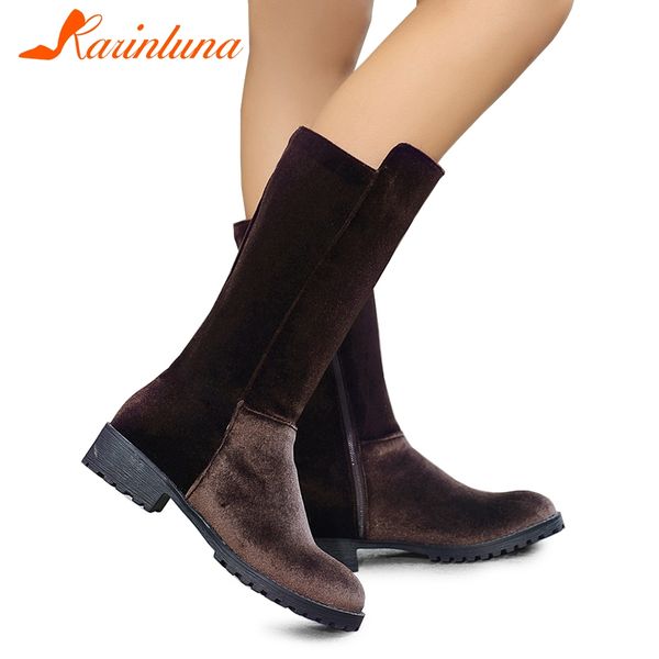 

karin new 34-43 winter warm plush zipper boots women 2019 elegant mic-calf knight boots casual chunky heels shoes woman, Black