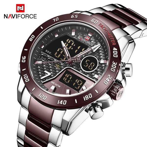 

naviforce men digital watch led sport military mens quartz wristwatch male luminous waterproof clock watches relogio masculino ly191213, Slivery;brown