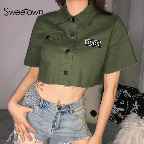 

sweetown army crop куртка женщин с коротким рукавом отложным воротником широкие талией женские куртки и пальто 2019 streetwear harajuku, Black;brown