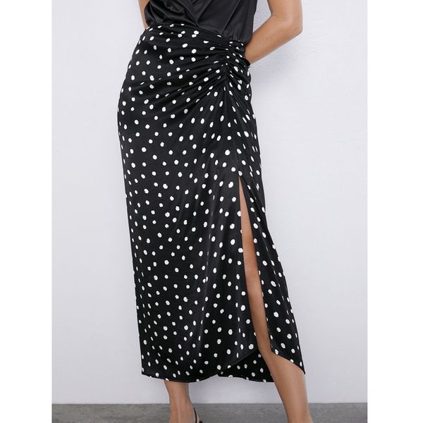 

fandy lokar dot printed skirts women fashion asymmetrical fold split skirt women elegant mid calf skirts female ladies ic, Black