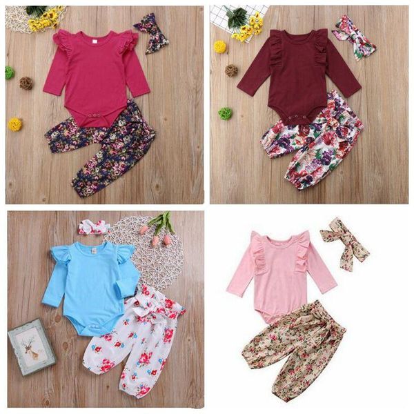 

baby girl clothes kids floral romper pants headband flower printed onesies pants hairband newborn long sleeve jumpsuit cotton suits c205, White