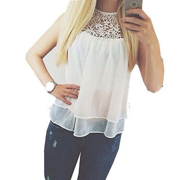 

fashion women 2018 summer casual vest sleeveless lace blouse tank crochet neck shirt white