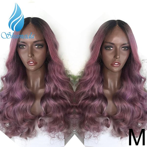 

shd 180% density 13*6 ombre purple lace front wigs for women middle ratio brazilian remy human hair body wave wigs middle part, Black;brown
