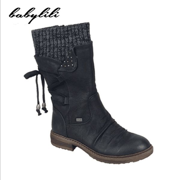 

boots ladies fashion warm mid boots autumn and winter new thick heel strap retro wool snow, Black