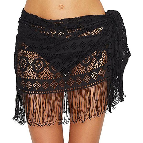 

2019 mini short skirts for women beach beach sarong bikini cover-ups towel open-back swimwear solid tassel skirt, Black
