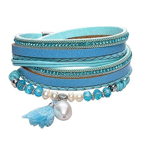 

multi-layer leather pearl tassel bracelet wristband crystal wrap bracelet magnetic buckle bohemian bangle jewelry for women, Golden;silver