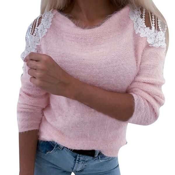 

lace women hollow off shoulder sweaters long sleeve pullover sweater ladies o neck jumper hollow out knitwear, White;black