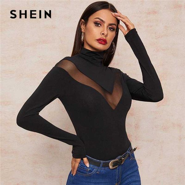 

shein black high neck mesh inert form fitted t-shirt women 2020 spring long sleeve glamorous sheer solid skinny tees, White