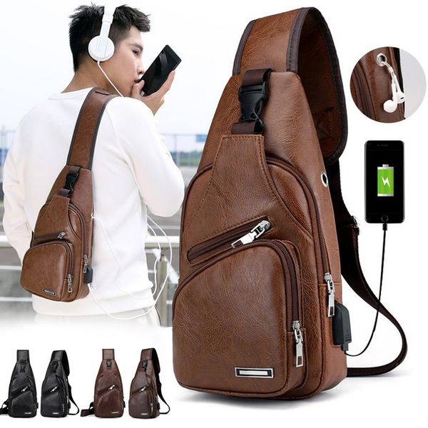 

2018 new men shoulder chest bag usb charging pu leather zipper fashion for mobile phone bs88