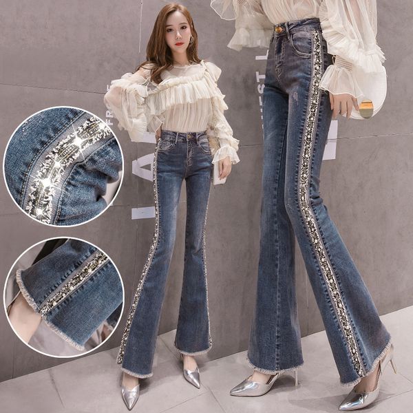 

skinny jeans woman flare jeans women's slim beaded wide leg pants flared pants high waist woman ripped for women, Blue