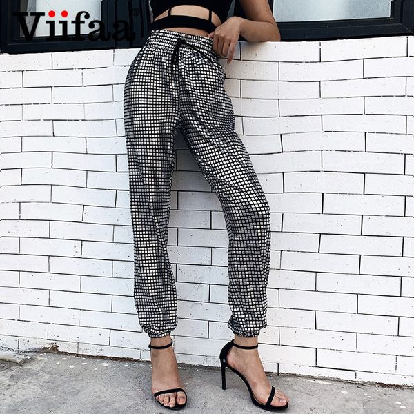 

viifaa drawstring high waist silver little plaid punk pants and trousers women casual streetwear summer party ladies pants, Black;white