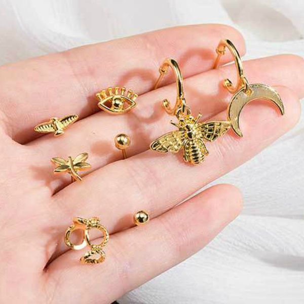 

8 pcs/set lady fashion earrings bohemia beach retro moon bee eye eagle geometric earrings set party charm jewelry accessories, Golden;silver
