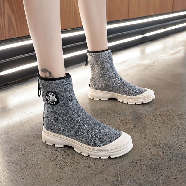 

elastic band sock boots female 2019 autumn new chunky sneakers women shoes zipper bling casual shoes woman ankle boots plus size, Black
