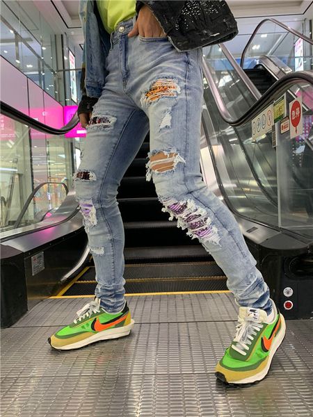 

2019 mens badge rips stretch black jeans fashion designer slim fit washed motocycle denim pants panelled hip hop trousers1, Blue
