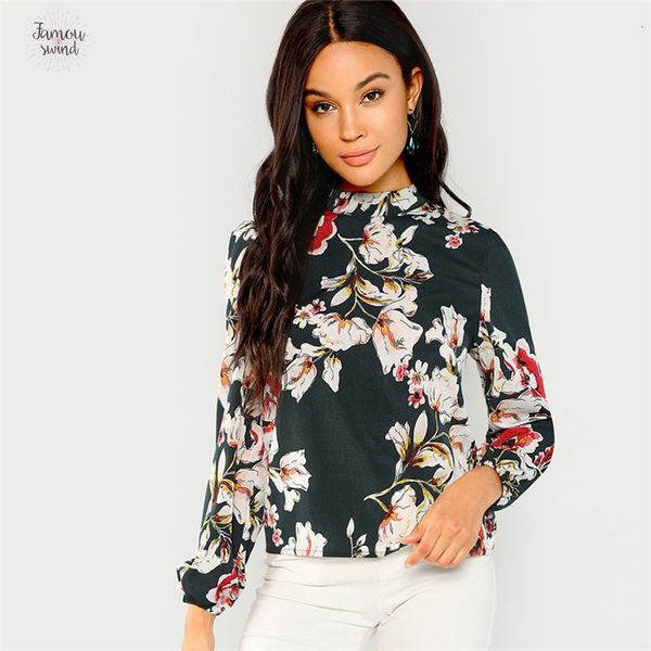 

элегантный зеленый блузы офис леди highstreet печать broadcloth mock стенд воротник с длинным рукавом блузка осень цветочные женщины топы и, White