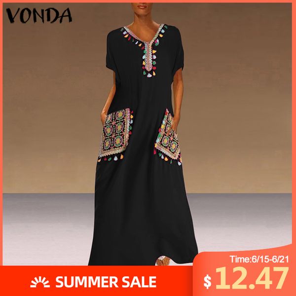 

vonda bohemian printed dress vintage party maxi long dress casual loose short sleeve beach sundress plus size vestido femme robe, Black;gray