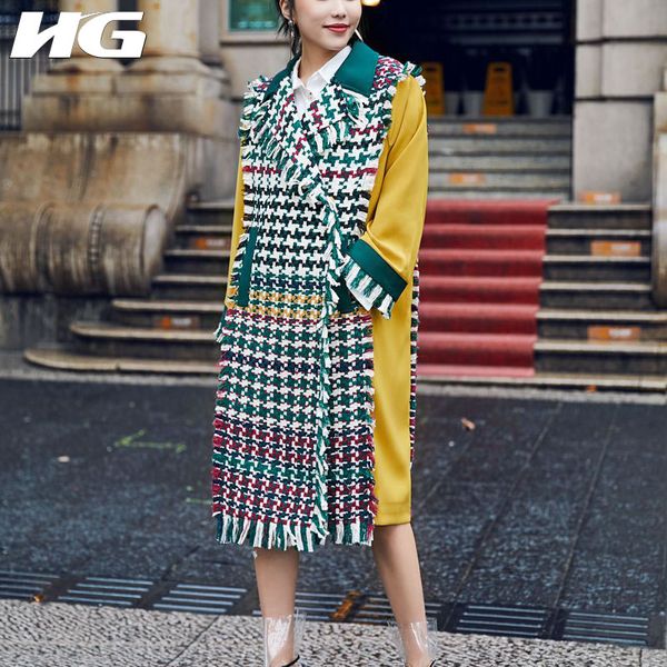 

hg] covered button fashion women winter spring loose turn-down collar full sleeve long patchwork casual tassel blend lyh2531, Black