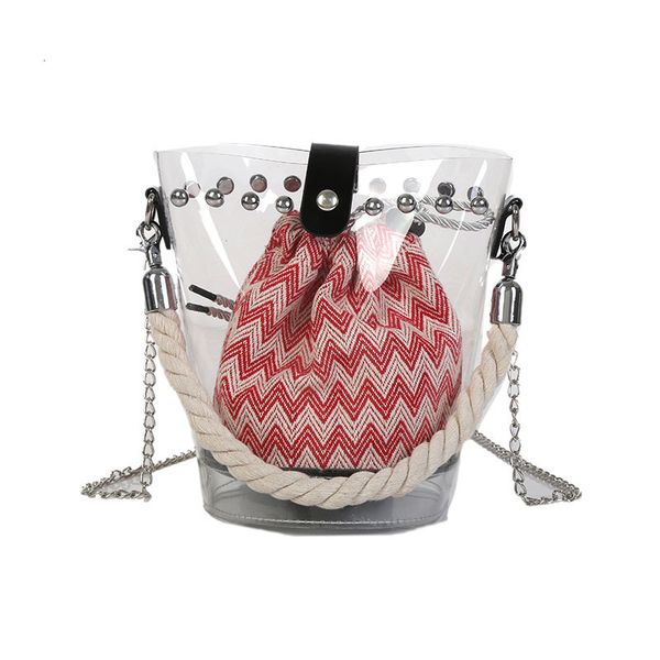 

2019 fashion 2pcs bucket handbags pvc clear transparent bucket bag barrel shaped small mini handle handbags summer beach bags