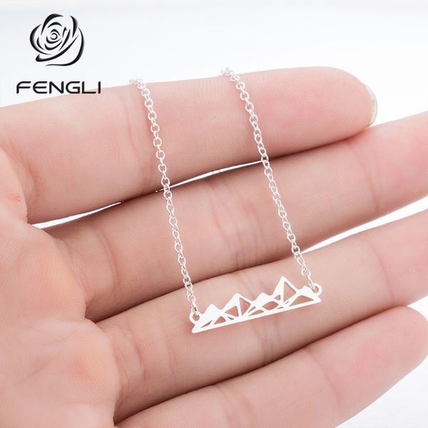 

fengli minimalist snowy mountain necklaces stainless steel hiking outdoor pendant statement original creative jewelry, Silver