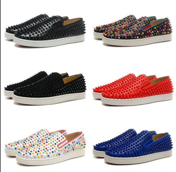 

sneaker studded spikes men trainers red bottom shoes new designer flats 100% genuine leather for women us 5-12, Black