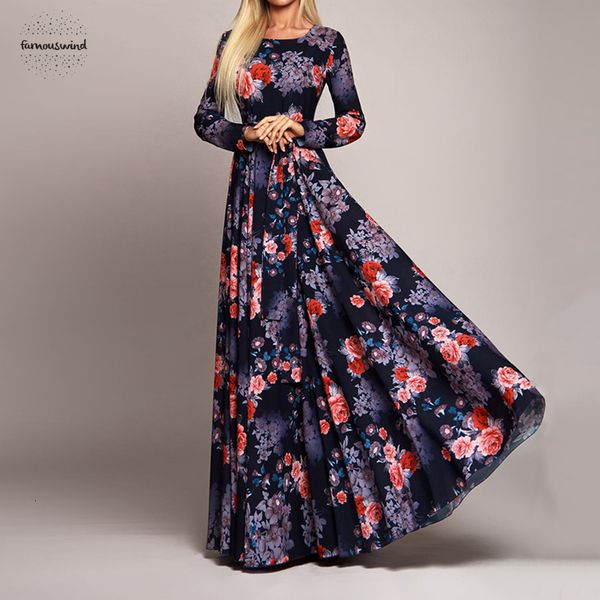 

2019 платье elegant женщин robe с длинным рукавом печатный мода весна-лето тонкий платье boho длинные платья партии vestidos, Black;gray