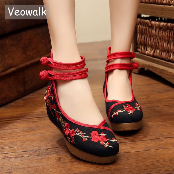 

veowalk chinese style women canvas hidden platform shoes plum flower embroidered vintage ladies casual ankle strap shoes, Black