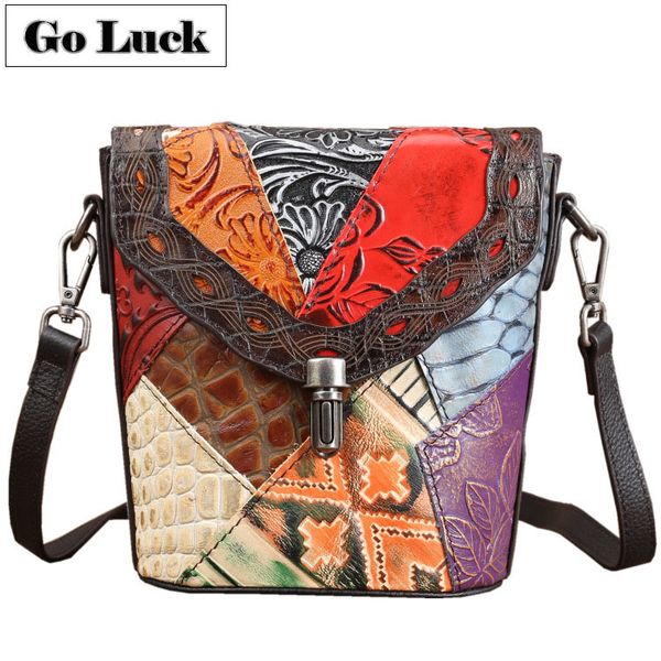 

go-luck brand genuine leather patched fashion women bucket crossbody shoulder bag women's cowhide messenger bags small flap