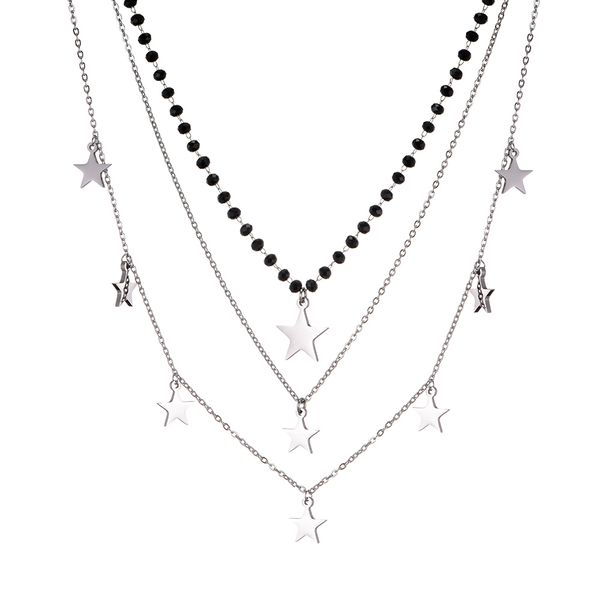 

black crystal beads with heart charm layered necklaces for women 100% stainless steel chokers necklace jewelry female party gift, Golden;silver