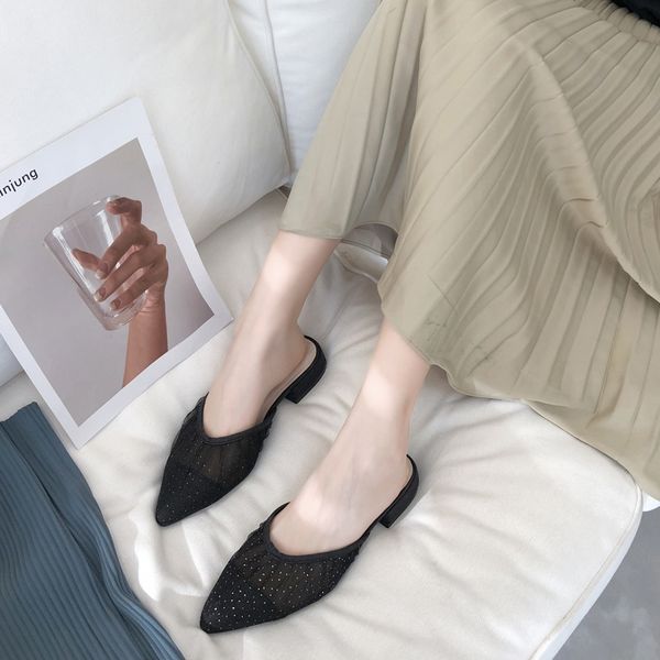 

breathable lace mules shoes women sequins pointed toe slippers shiny low heel slippers women shiny closed toe sandals 2020, Black