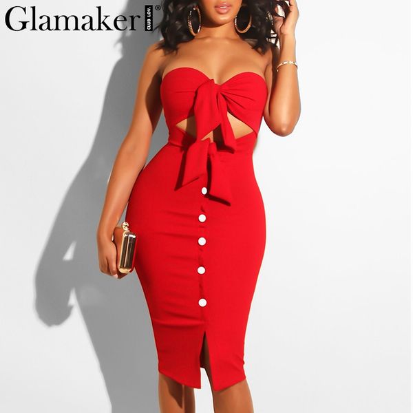

glamaker strapless hollow out summer women dress red bodycon split midi party dress elegant black club button casual, Black;gray