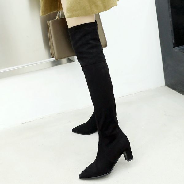 

faux suede thigh boots winter women over the knee boots high heels pointed toe zipper long plus size woman shoes 2018, Black