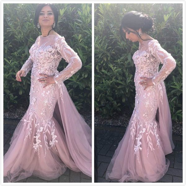 

2020 arabic aso ebi lace beaded evening dresses mermaid long sleeves prom dresses sheer neck formal party second reception gowns zj443, Black;red