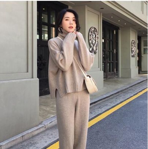 

autumn winter knitted tracksuit turtleneck sweatshirts for women 2 piece set knit suit clothing pant female pants suit, White