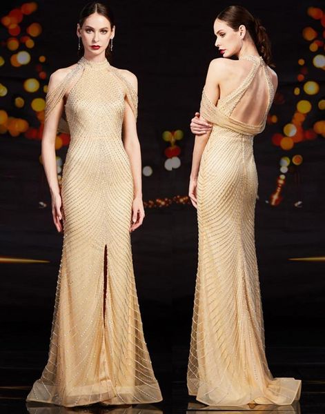 

custom made high neck front slit champagne evening dresses robe longue luxury crystal formal mermaid prom dresses, Black;red