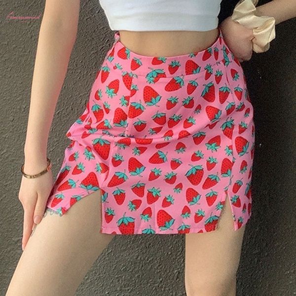 

woman mini skirt elegant boho high waist bandage 2020 summer for women strawberry print girls short skirts, Black