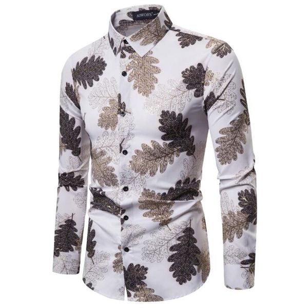 

luxury printed leaf men shirt slim fit hawaiian shirt long sleeve casual vintage shirts mens shirts mens summer beach, White;black