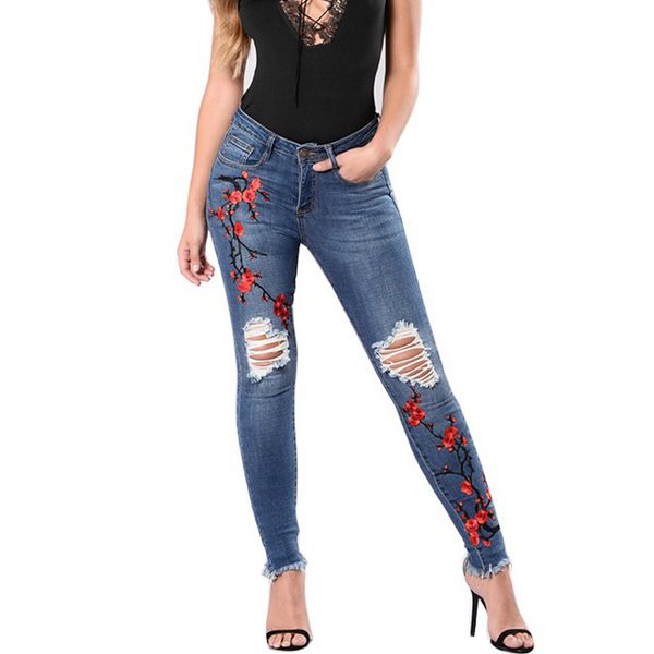 

women's jeans hole embroidered flower slim fit pencil denim gradient elastic skinny long pants trousers plus size 3xl, Blue