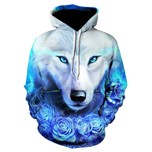 

2019 autumn 3d print design animal white wolf print hoodie men's new long sleeve pullover hip hop original home fun sport, Black