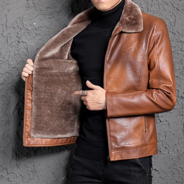 

fashion good quality fake leather jacket men coats pu outerwear men business winter faux fur fleece lining male jacket 3xl 4xl, Black