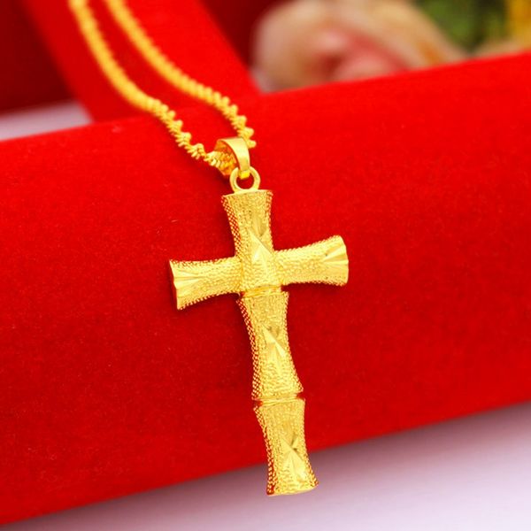 Design in bambù, unico, in oro giallo 18 carati, da donna, da uomo, con ciondolo a forma di croce, catena, gioielli di moda, trasporto di goccia