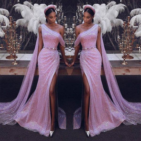 

one shoulder pink evening dresses plus size african sequined side split prom gowns with wrap mermaid party celebrity dress, Black;red
