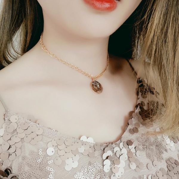 

2 европа и америка ретро рисунок двусторонний монет ожерелье choker модный street чувство колье дизайн ожерелье женской, Silver