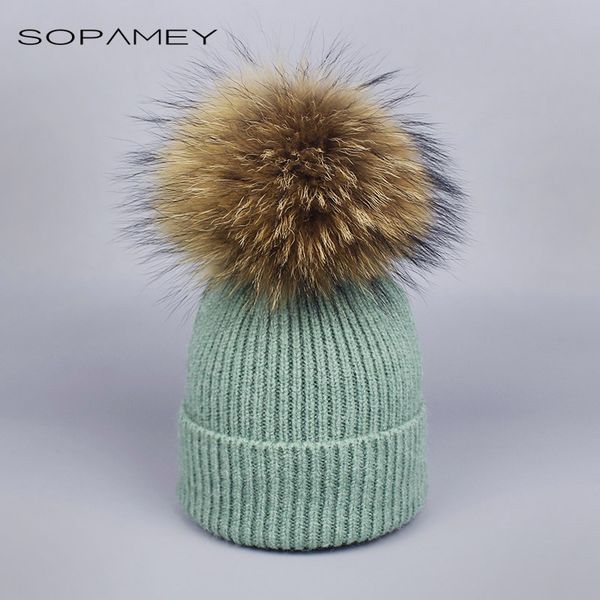 

women raccoon wool fur pompoms warm knitted vogue winter hats skullies beanies parenting fleece crochet cap, Blue;gray