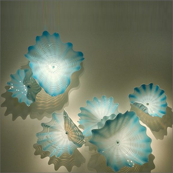 

100% hand blown murano glass hanging wall art dale chihuly style borosilicate glass art hand blown blue glass flower wall art plates