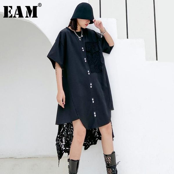 

eam] women black back long lace split joint dress new round neck short sleeve loose fit fashion tide spring summer 2020 1t769, Black;gray